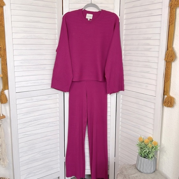 Pink Rose Pants - PINK ROSE l Fuchsia Ribbed Knit Set Oversided Highwaist Relaxed Long Sleeve S/M